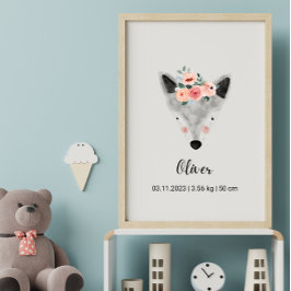 Cute Waterverf Wolf w/Flowers | Boho Nursery Post Poster