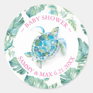 Cute Waterverf Zee Turtle & Greenery Favor Ronde Sticker