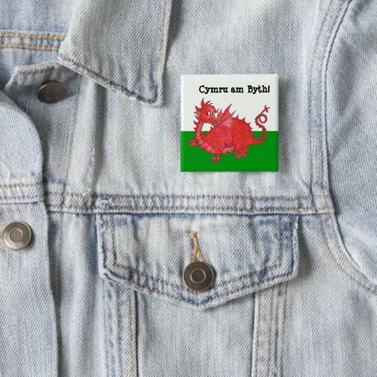 Cute Welsh Dragon Square Button (In situ)