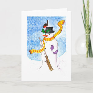 Cute Welsh Kerstmis Kaart, Snowman en Robin Feestdagen Kaart