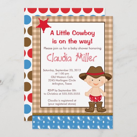 Cute Western Cowboy Baby shower Invitation Kaart (Voorkant / Achterkant)
