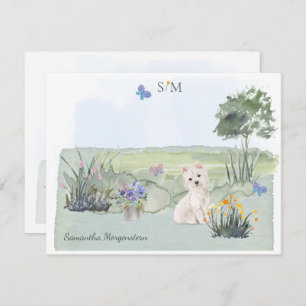 Cute Westie Butterfly Meadow Monogram & Naam Notitiekaartje