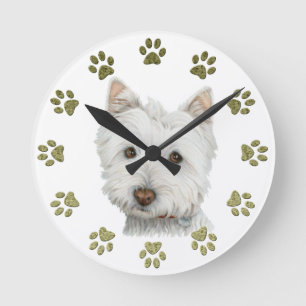 Cute Westie Dog Art en Paws Ronde Klok