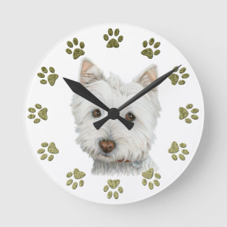 Cute Westie Dog Art en Paws Ronde Klok