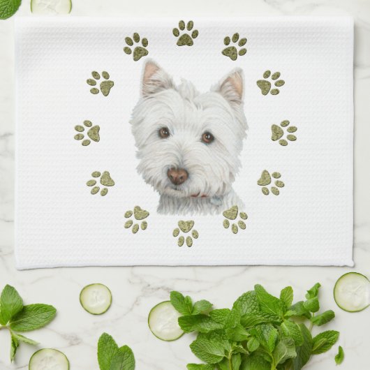 Cute Westie Dog Art en Paws Theedoek (Gevouwen)