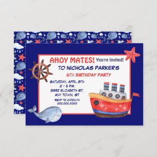 Cute Whale and Boat Birthday Party Invitation Kaart