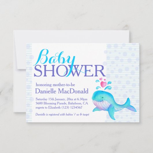 Cute Whale art baby shower aqua violet invitation (Devant)