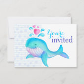 Cute Whale art baby shower aqua violet invitation (Dos)