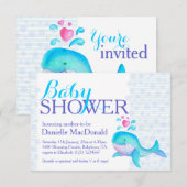Cute Whale art baby shower aqua violet invitation (Devant / Derrière)