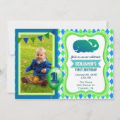 Cute Whale First Birthday Party Photo Invitation (Devant)