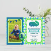 Cute Whale First Birthday Party Photo Invitation (Debout devant)