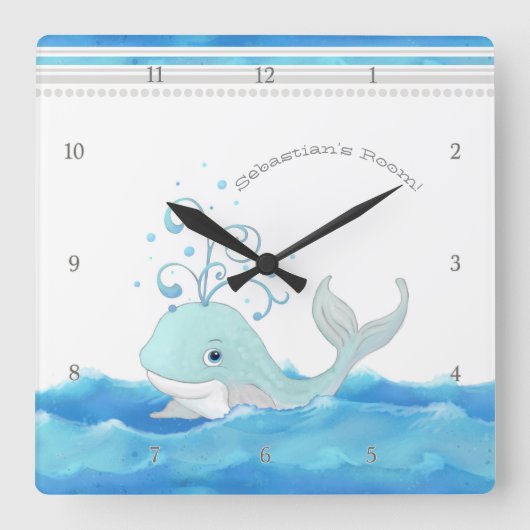Cute Whale in Ocean Cartoon Character Little Boy Vierkante Klok (Voorkant)