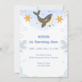 Cute Whale Theme First Birthday Invitation Kaart
