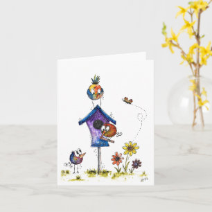 Cute Whimsical Birds in een Birdhouse Kaart