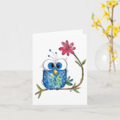 Cute Whimsical Blue Owl Kaart (Gele Bloem)