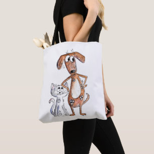 Cute Whimsical Brown Dog en Grey Cat Draagtas