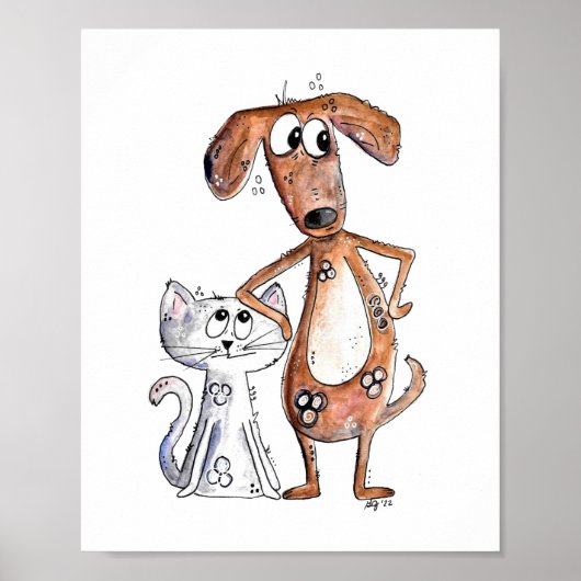 Cute Whimsical Brown Dog en Grey Cat Poster (Voorkant)