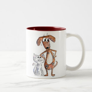 Cute Whimsical Brown Dog en Grey Cat Tweekleurige Koffiemok
