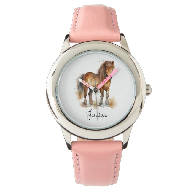 Cute Whimsical Brown Horse Script Name Horloge (Voorkant)