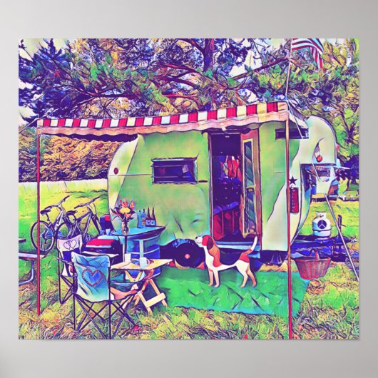 Cute Whimsical Camper Trailer and Beagle Poster (Voorkant)