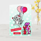 Cute Whimsical Cat and Balloons Birthday Kaart (Gele Bloem)