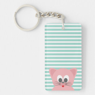 Cute Whimsical Cat on Stripes Sleutelhanger