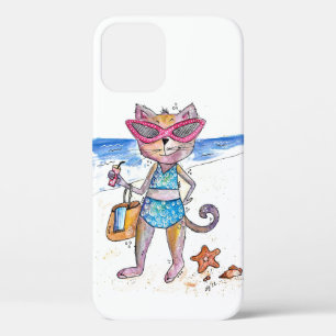 Cute Whimsical Cat op de strand iPhone 12 Hoesje