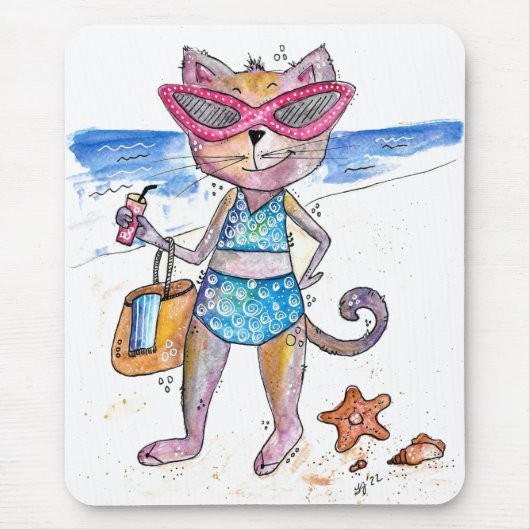 Cute Whimsical Cat op de strand Muismat (Voorkant)