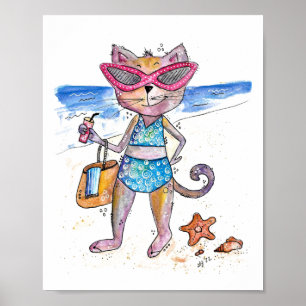 Cute Whimsical Cat op de strand Poster