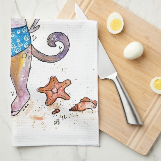 Cute Whimsical Cat op de strand Theedoek (Quarter Fold)