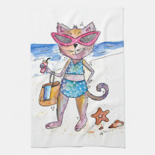 Cute Whimsical Cat op de strand Theedoek