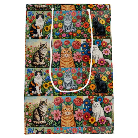 Cute Whimsical Cats and Folk Art Flowers Medium Cadeauzakje (Achterkant)
