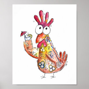 Cute Whimsical Chicken met Tropische Drink Poster