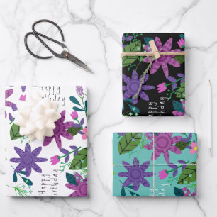Cute Whimsical Colorful Floral Happy Birthday Inpakpapier Vel