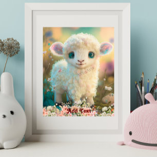 Cute Whimsical Colorful Lamb Flowers Nursery Poster