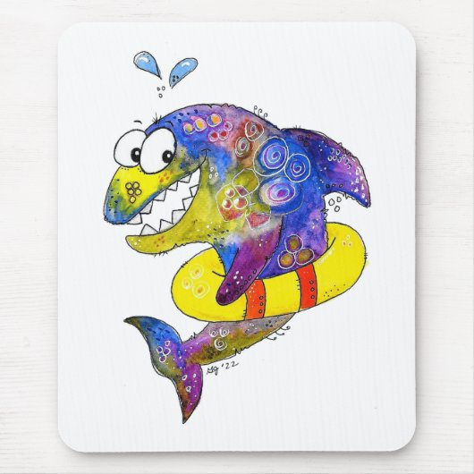 Cute Whimsical Colorful Shark in Float Muismat (Voorkant)