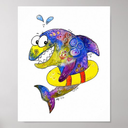 Cute Whimsical Colorful Shark in Float Poster (Voorkant)