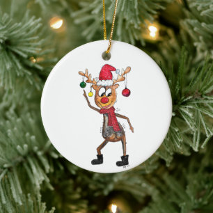 Cute Whimsical Dansende Kerstman Deer Keramisch Ornament