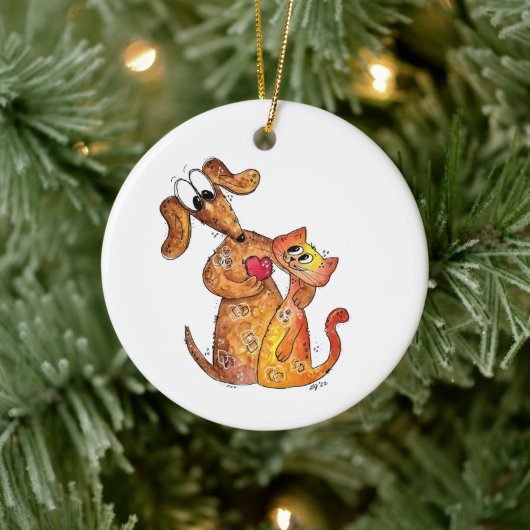 Cute Whimsical Dog en Cat Keramisch Ornament (Boom)
