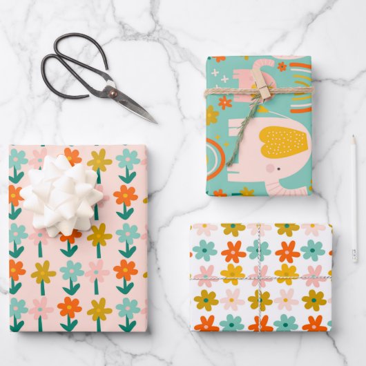 Cute Whimsical Elephants Flowers Blush Mint Spring Inpakpapier Vel (Voorkant)