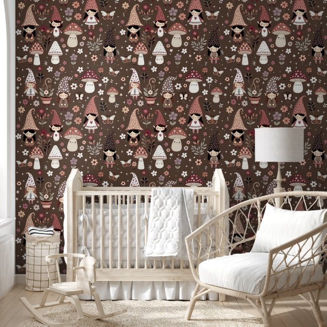 Cute Whimsical Fair Gnomes and Mushrooms  Behang (Kinderen)