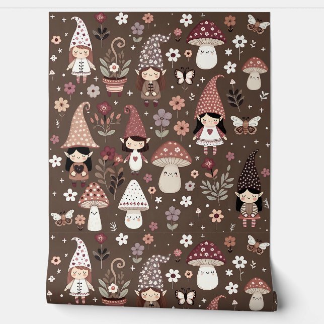 Cute Whimsical Fair Gnomes and Mushrooms  Behang (Afrollen)