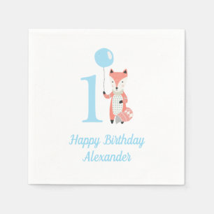 Cute Whimsical Fox & Balloon Blue 1st Birthday Servet