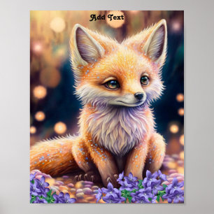 Cute Whimsical Fox Purple Flowers Nursery Wall Art Poster