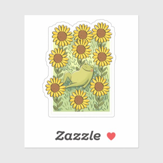Cute Whimsical Frog And Sunflowers Illustration Sticker (Vel)