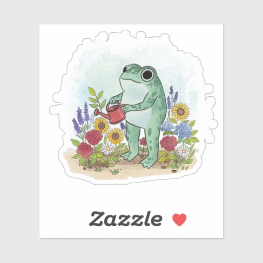 Cute Whimsical Frog In Flower Garden Illustration Sticker (Vel)