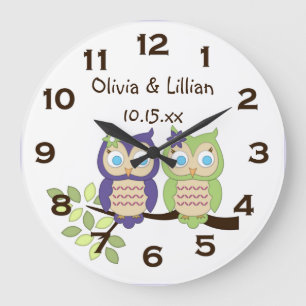 Cute Whimsical Girl Owl Twins Wall Clock Grote Klok