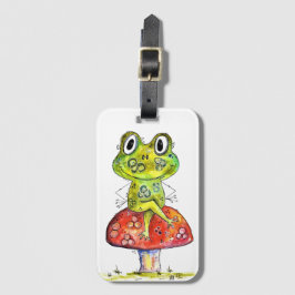 Cute Whimsical Green Frog op Toadstool Bagagelabel