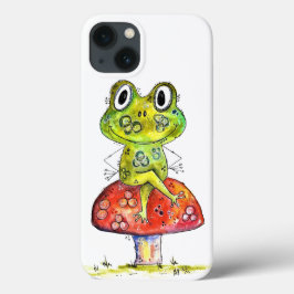Cute Whimsical Green Frog op Toadstool iPhone 13 Hoesje
