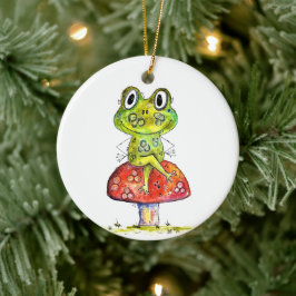 Cute Whimsical Green Frog op Toadstool Keramisch Ornament